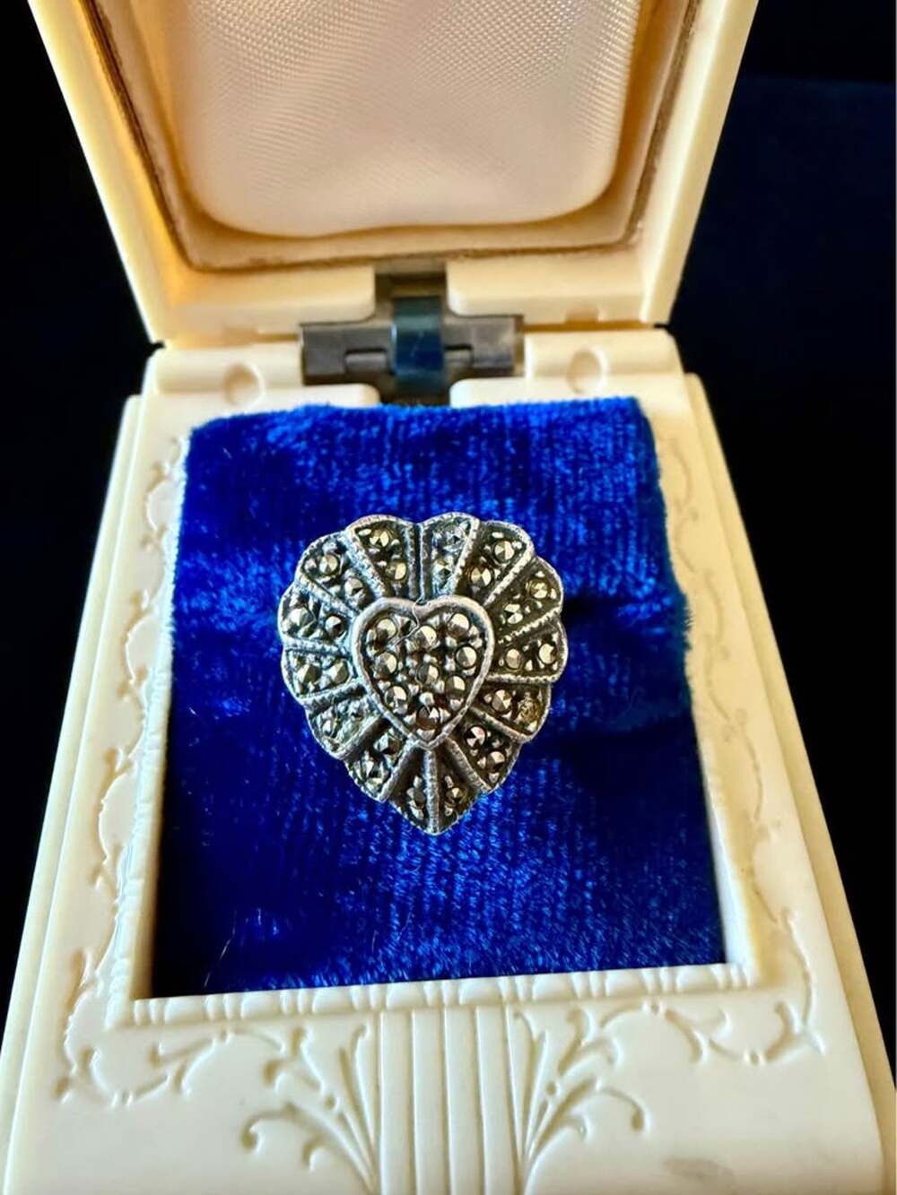Vintage Sterling Silver Marcasite Heart Ring, Art Deco Style, Size 5.5